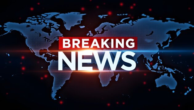 Global Breaking News Banner with World Map and Bright Light Effects for Media Use