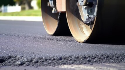 Seamless asphalt paving process, close up of heavy machinery compacting new surface, road roller