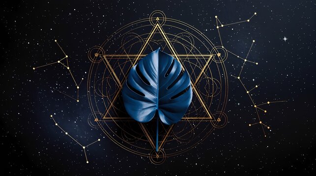 Mystical background with a blue Monstera leaf on a golden sacred geometry symbol against a starry night sky with constellations.