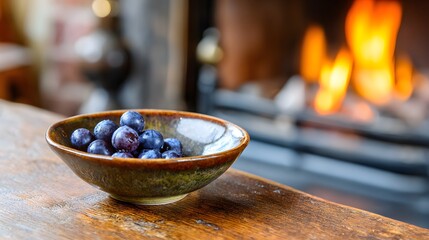 Fresh Blueberries in a Bowl Near a Cozy Fireplace Setting