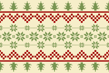 Christmas and New Year seamless pattern. snowflakes and Christmas tree on white pixel pattern for winter hat,jumper,sweater, wrapping,fabric,border,rim,carpets, blankets, towels.