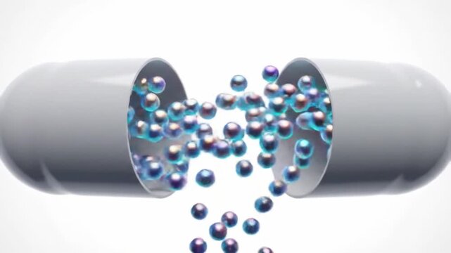 Animation of white medicine capsule opening and remedy particles fly out on white backdrop. Medical research, science concept. 3d render