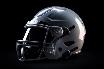 Naklejka premium Close-up shot of a metallic silver American football helmet on a dark background. Concept for competitive sports, game equipment, and athletic protection design
