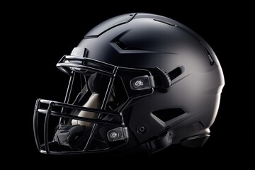 Fototapeta premium Close-up of a sleek, black American football helmet with a modern design against a dark background, concept for sports equipment presentation, athlete safety awareness and team branding