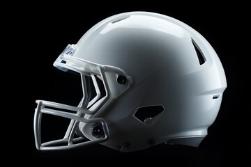 Fototapeta premium Close-up of a pristine white football helmet with a clear visor against a stark black background. Concept for sports equipment advertising, team branding, and competitive athletic spirit