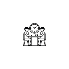 Two people sitting at a table with a clock overhead isolated on white background