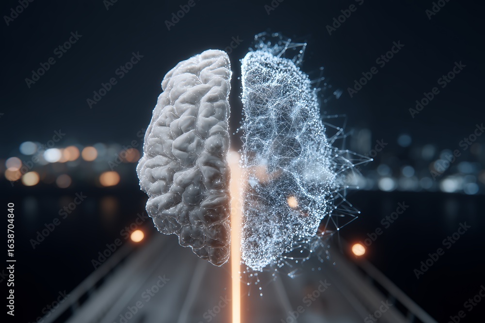Poster digital brain split showing neural network and solid structure with blurred cityscape, concept for a