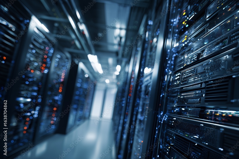 Poster data center interior with rows of servers and blinking lights in a hallway, concept for cloud comput