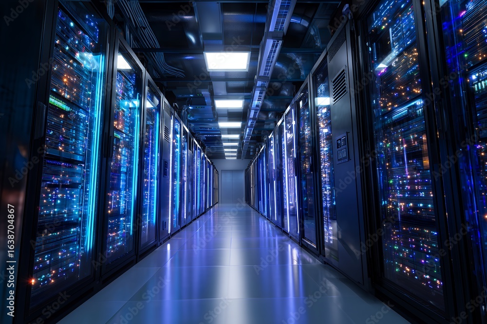 Poster server room with illuminated racks and data center equipment, concept for cloud computing infrastruc
