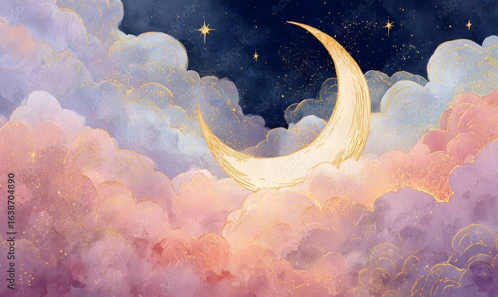 Wall mural watercolor hand-painted moon in clouds with gold and pink in celestial space