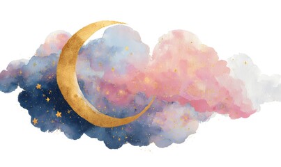watercolor hand-painted moon in clouds with gold and pink in celestial space