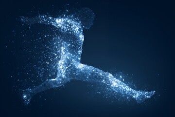 Fototapeta premium Abstract image of a human figure leaping made of glowing particles on dark background, concept for energy, power and performance visualization