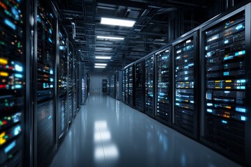 Naklejka premium Corridor in server room with glowing lights showing multiple data servers, concept for data storage, information technology and artificial intelligence infrastructure