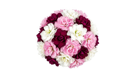 Vibrant Spherical Bouquet of Pink, White, and Burgundy Flowers on White Background