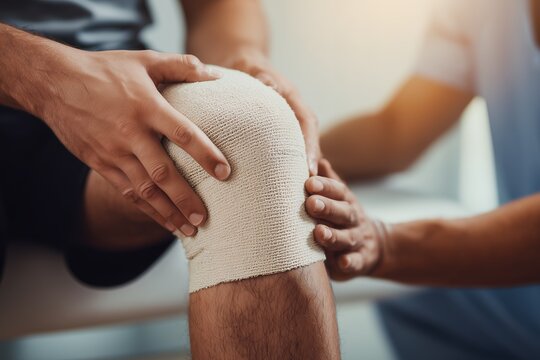 Close up of male knee wrapped with bandage, hands applying pressure on it, concept for injury recovery, sports medicine, and healthcare support