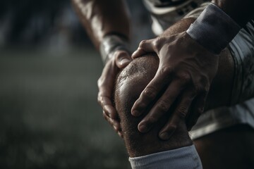 Close up of sweaty athlete’s hands holding knee with painful expression. Concept for sports injury, muscle strain and medical advertising