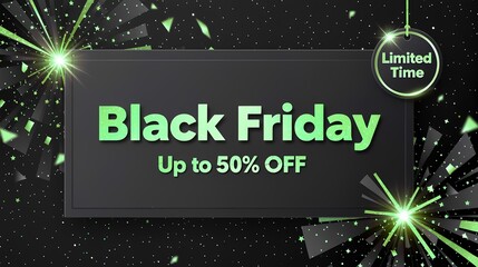  Modern Black Friday sale banner with glowing green text offering up to a 50% discount on a dark, futuristic background with starbursts.
