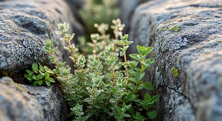 Delicate verdure thrives amidst rugged stone showcasing resilience and the beauty of nature