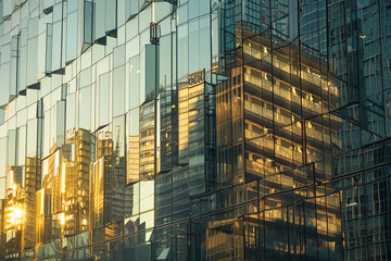 Modern Glass Building Facade with Golden Hour Reflections of Urban Architecture