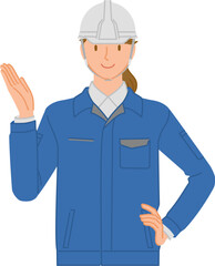ビジネスイメージ：笑顔の若い女性（作業服とヘルメット）：手で案内をする
