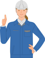 ビジネスイメージ：笑顔の若い女性（作業服とヘルメット）：親指を立てたグッドサイン