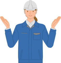 ビジネスイメージ：笑顔の若い女性（作業服とヘルメット）：両手を上げる