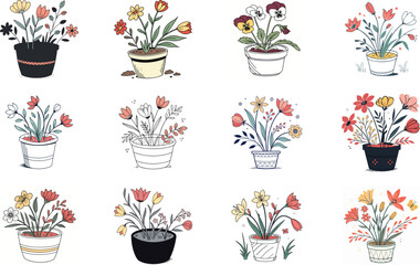 Bundle of 12 Colorful Botanical Flower Illustrations – Vintage Floral Clipart Set for Print, Design, and Digital Art Projects