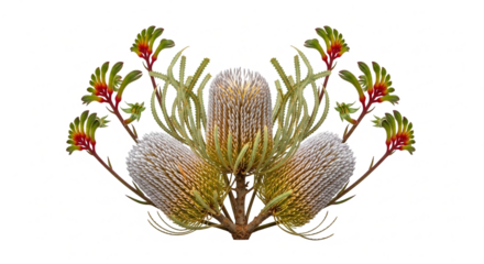 Symmetrical Australian Native Floral Arrangement: Banksia and Kangaroo Paw on White