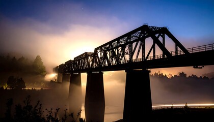 Silhouette of Railway Bridge at Dusk with Foggy Glow