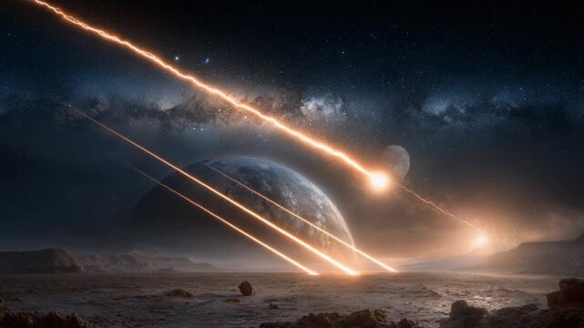 Cosmic catastrophe.  Planet under attack by meteorites