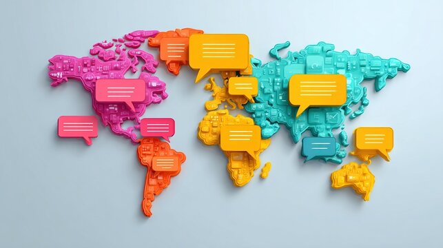 Modern language learning concept with colorful flat design world map and speech bubbles, perfect for online education, e-learning courses and multilingual communication.