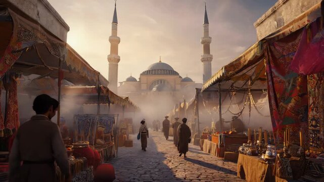 Sunlit souk with textiles and brassware, mosque and minarets