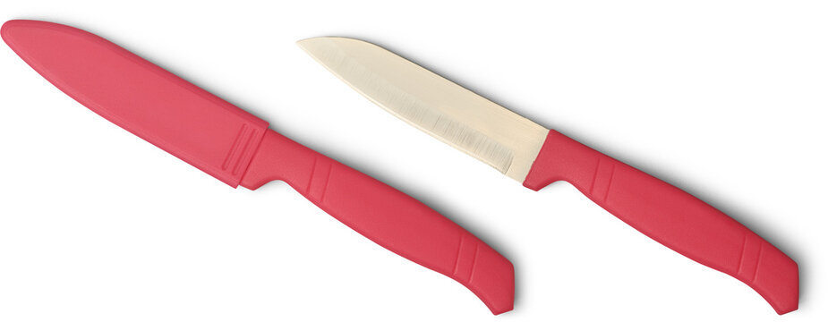 kitchen knives with sheath with bright red plastic handles isolated white background, stainless steel blade and ergonomic handle for comfort and grip, cooking equipment concept