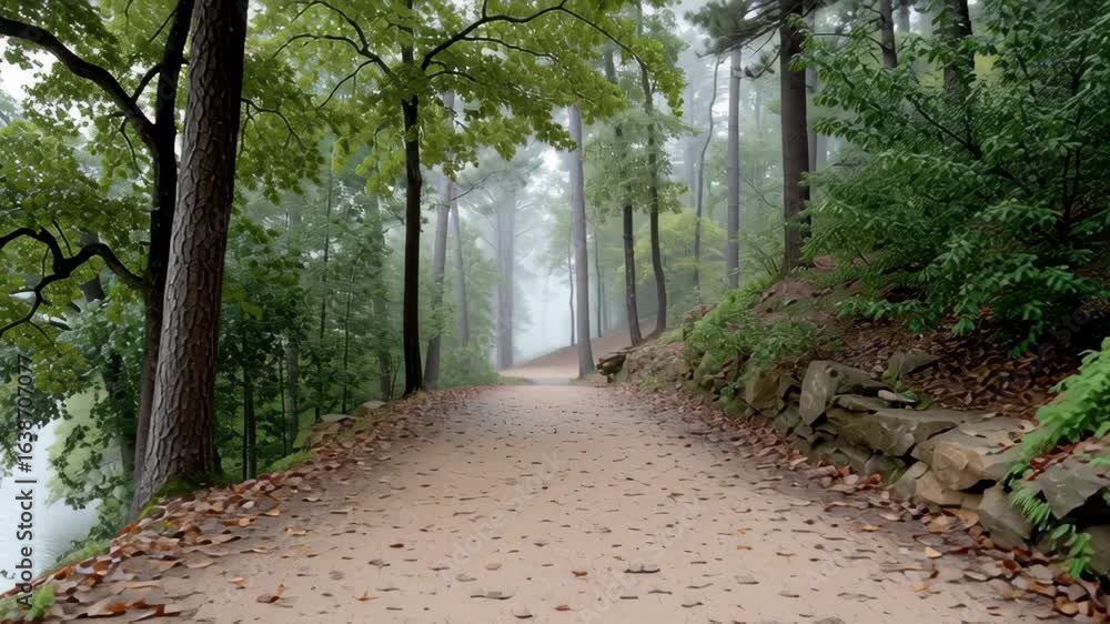 Poster foggy forest trail with fallen leaves and lush green trees along peaceful path in soft mist creating