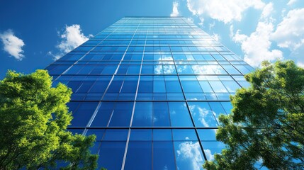 Modern skyscraper with trees, city views, sustainable design