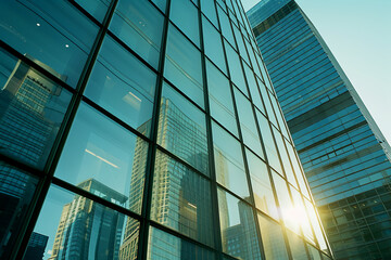 Modern Glass Skyscraper Facade Reflecting Sunlight and Urban Sky