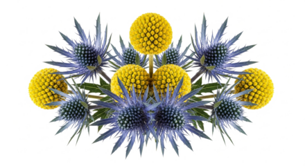Vibrant Blue Thistle-like Flowers and Golden Yellow Spheres Symmetrically Arranged on Clean White Background