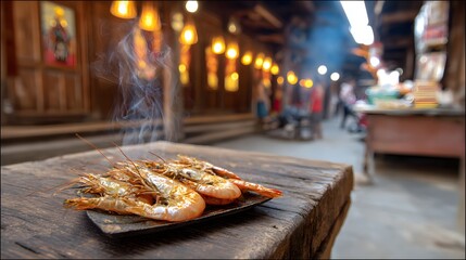 Fototapeta premium Fresh Grilled Shrimp Served on Wooden Table in Evening Market Scene
