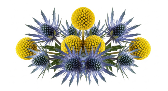 Vibrant Blue Thistle-like Flowers and Golden Yellow Spheres Symmetrically Arranged on Clean White Background