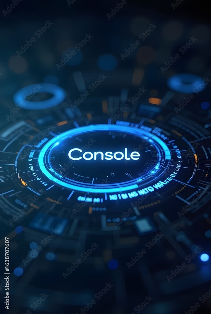 Poster futuristic blue console interface glows brightly in the dark, vertical composition. its circular des