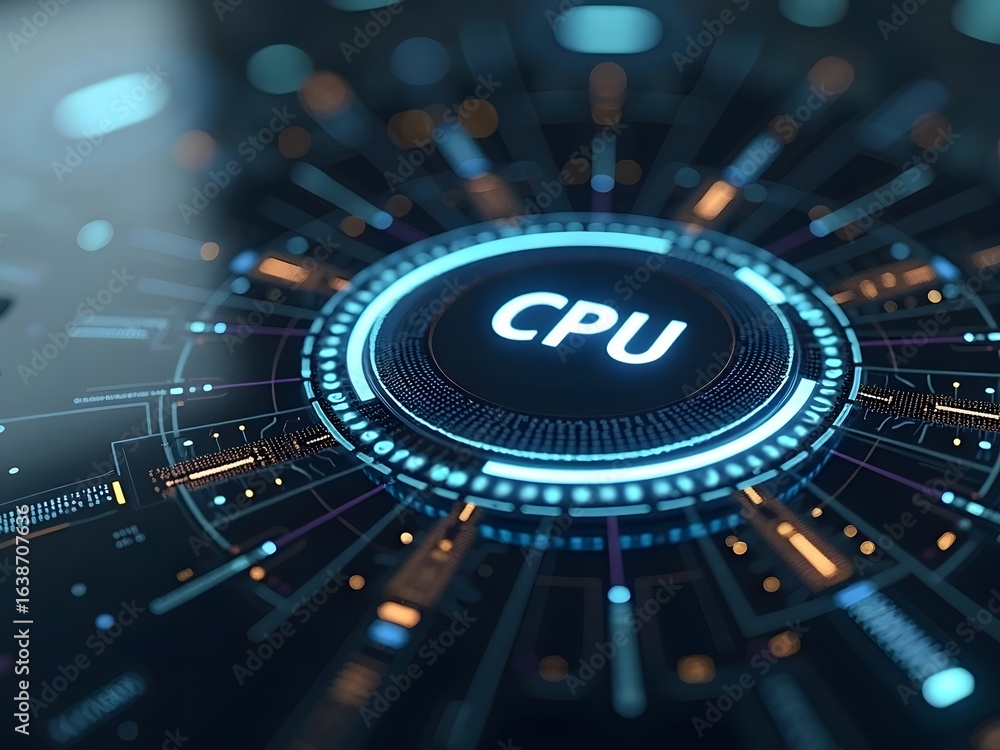 Poster abstract cpu concept showcasing vibrant blue and orange hues, horizontal composition. the intricate 