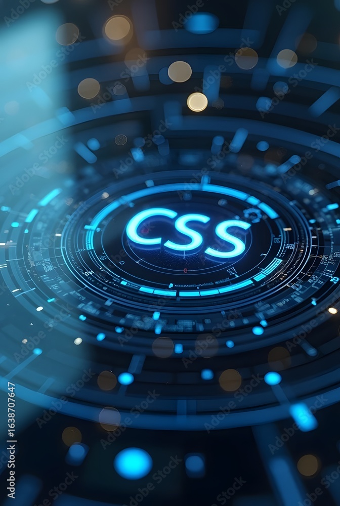 Poster vibrant blue hues illuminate a futuristic css interface, vertical composition. the concentric circle