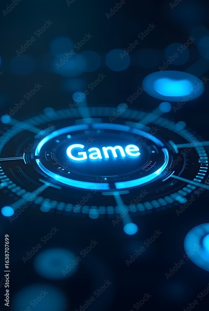 Poster vibrant blue hues illuminate a futuristic game interface, vertical composition. the central game lab