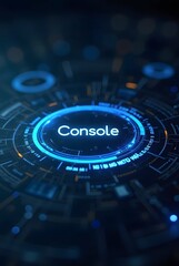 Futuristic blue console interface glows brightly in the dark, vertical composition. Its circular design and vibrant color scheme create a visually stunning technological backdrop.