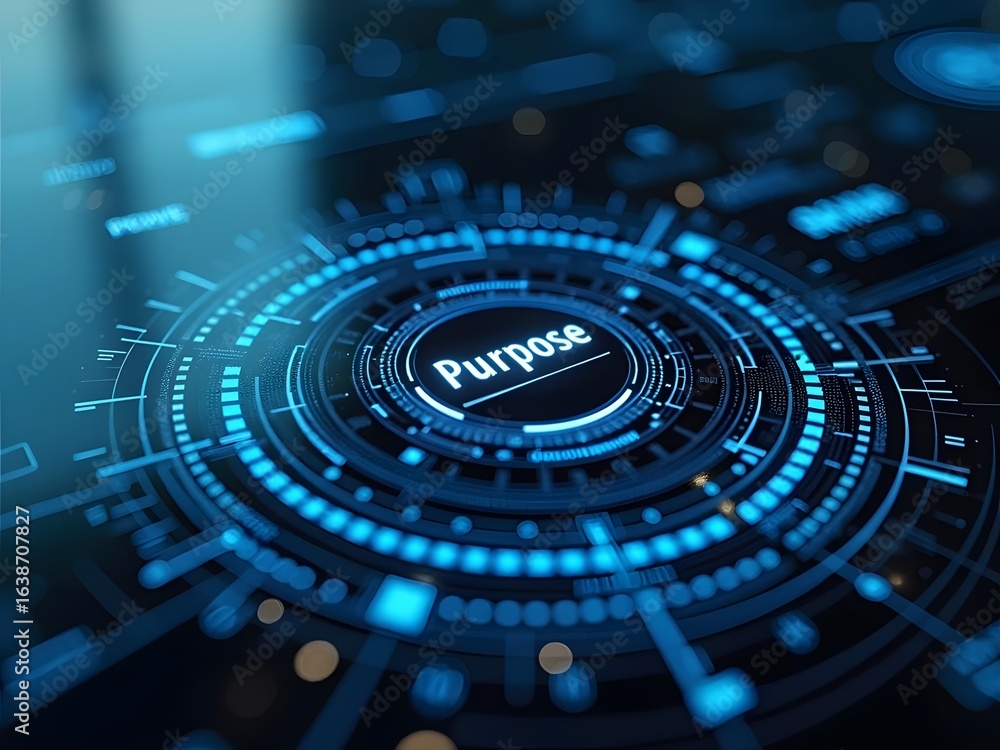 Poster abstract digital interface displays the word purpose in a glowing central circle, horizontal composi