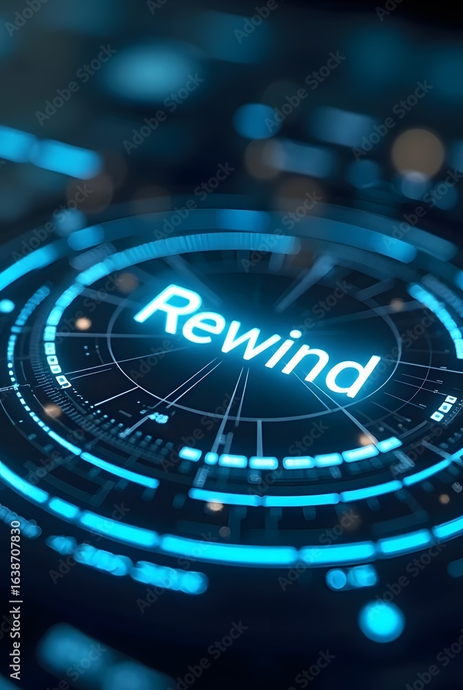Poster futuristic blue glowing circle displays the word rewind in a dynamic composition, vertical compositi