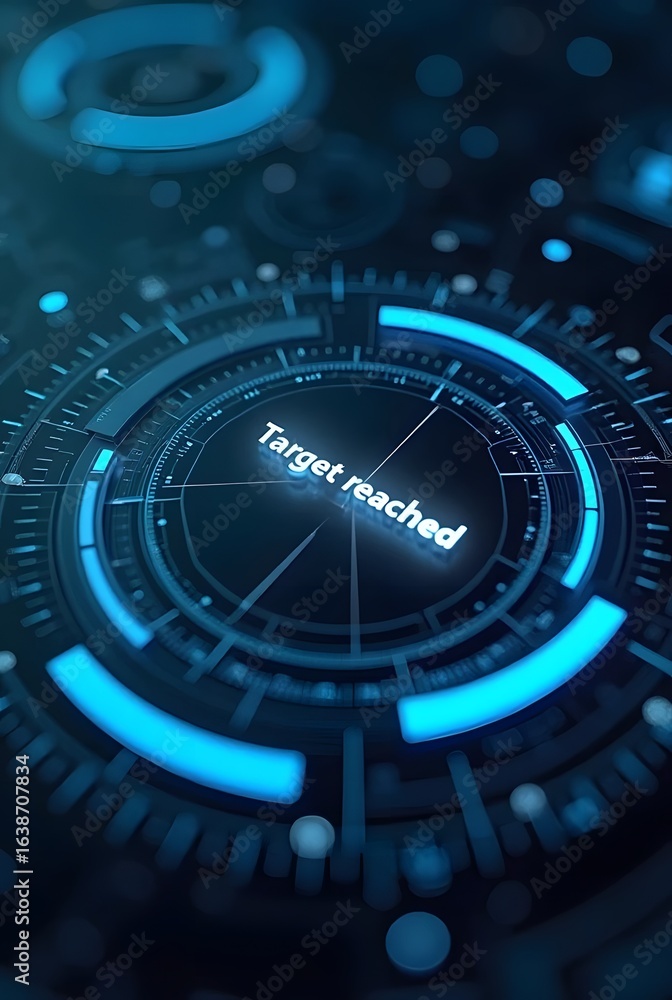Poster blue glowing concentric circles create a futuristic digital interface, vertical composition. the cen