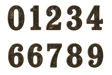 Vintage Rusty Metal Numbers 0-9 Displayed in Two Rows with a Textured, Weathered Appearance