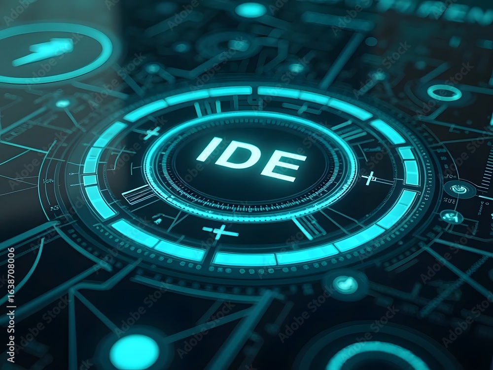 Poster futuristic teal and black digital interface design shows a central ide button, horizontal compositio