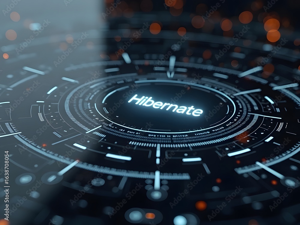 Aufkleber futuristic technology interface displays the word hibernate in glowing white lettering, horizontal c